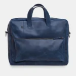 Синя шкіряна сумка для ділових поїздок або бізнес-подорожей з міцними ручками та якісною металевою фурнітурою ручної роботи
