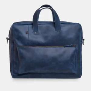 Синя шкіряна сумка для ділових поїздок або бізнес-подорожей з міцними ручками та якісною металевою фурнітурою ручної роботи
